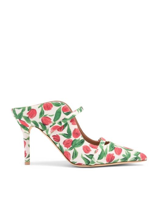 Malone Souliers White Canvas Tulip Print Maureen Heeled Mules 85