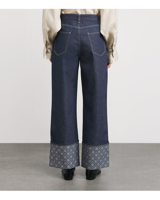 Tory Burch Blue Contrast-Cuff Straight Jeans