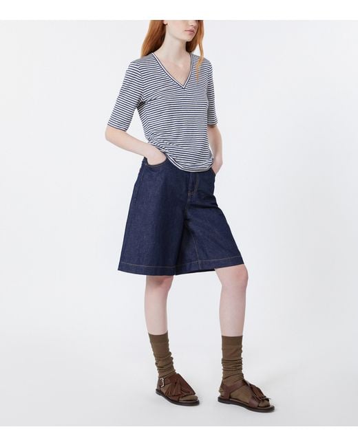 Weekend by Maxmara Blue Linen-Blend Stripe T-Shirt