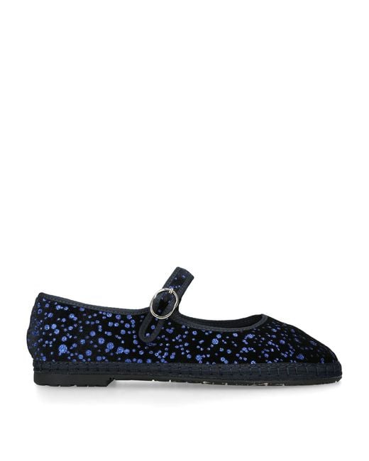 Flabelus Blue Velvet Seraphina Mary Jane Flats