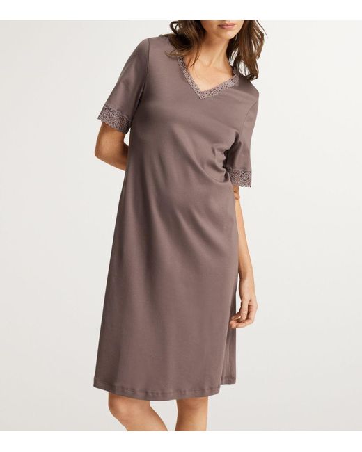 Hanro Brown Cotton Lace-Trim Moments Nightdress