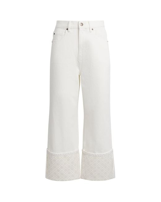 Tory Burch White Contrast-Cuff Cropped Straight Jeans