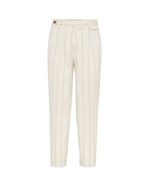 Brunello Cucinelli White Wool-cotton Chalk-stripe Trousers for men