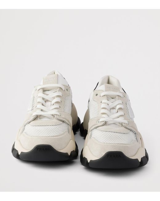 Prada White Mesh Fabric And Suede Sneakers