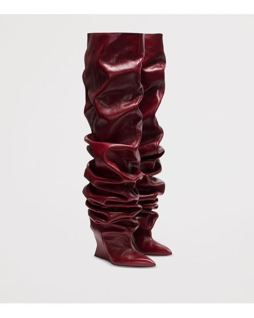 Balmain Red Leather Wedge Over-The-Knee Boots 95