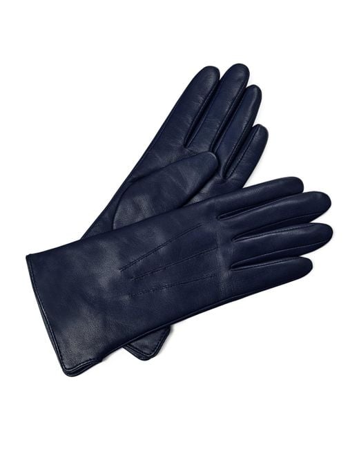 Aspinal Blue Wool-Cashmere Lined Leather Gloves
