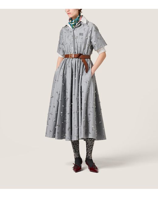 Miu Miu Gray Cotton Satin Embellished Midi Shirt Dress