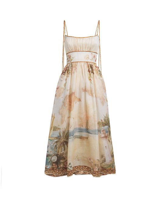 Zimmermann Natural Linen Printed Mahon Midi Dress
