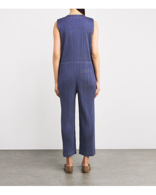 Pleats Please Issey Miyake Blue Short-Sleeve Cotton Denim Jumpsuit