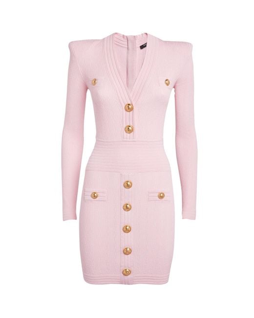 Balmain Pink Buttoned Knit Mini Dress
