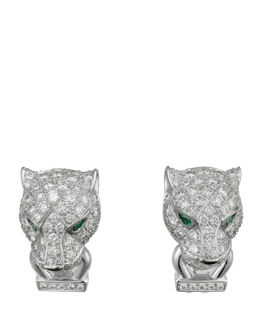 Cartier Gray White Gold, Diamond, Emerald And Onyx Panthère De Earrings