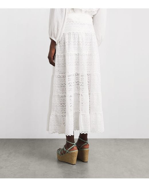 Rixo White Cotton Embroidered Ripeka Midi Skirt