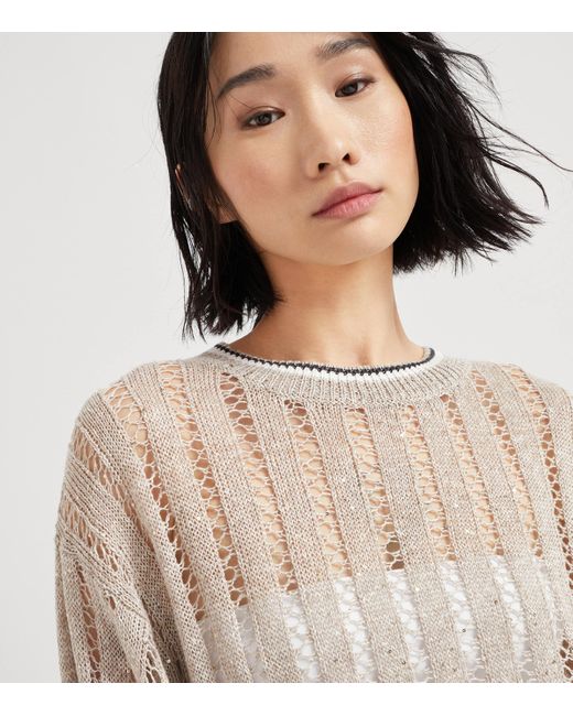 Brunello Cucinelli Natural Linen-Blend Open Knit Sweater