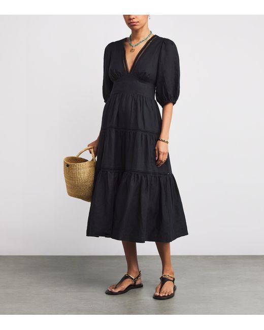 Heidi Klein Black Linen Lace-Trim Meteora Midi Dress
