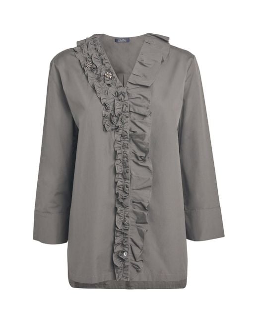Max Mara Gray Cotton Poplin Ruffle-Trim Shirt