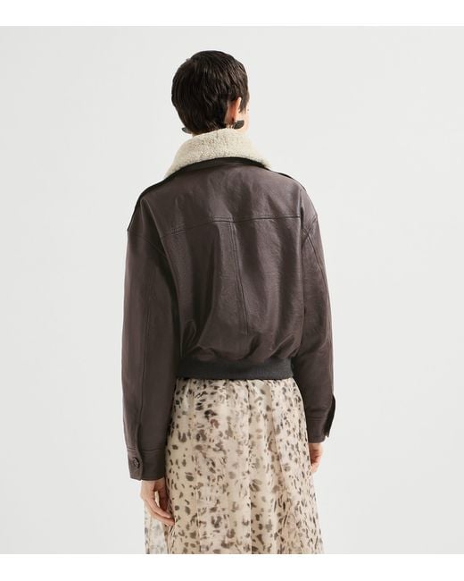 Brunello Cucinelli Brown Nappa Leather Shearling Collar Aviator Jacket