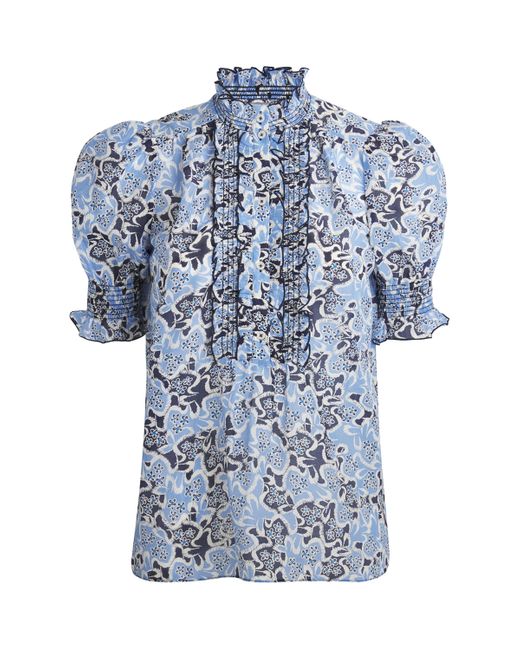 ME+EM Blue Cotton-Silk Floral Blouse