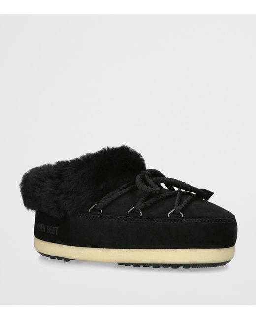 Moon Boot Black Suede Shearling-Trim Evx Mules