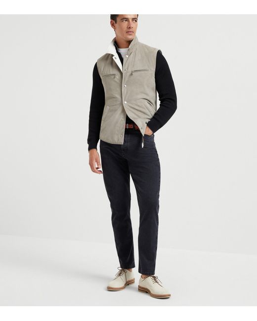 Brunello Cucinelli Brown Leather Reversible Padded Gilet for men