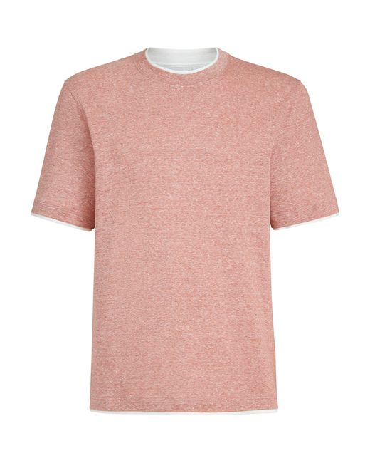 Brunello Cucinelli Pink Linen-Cotton Faux-Layered T-Shirt for men