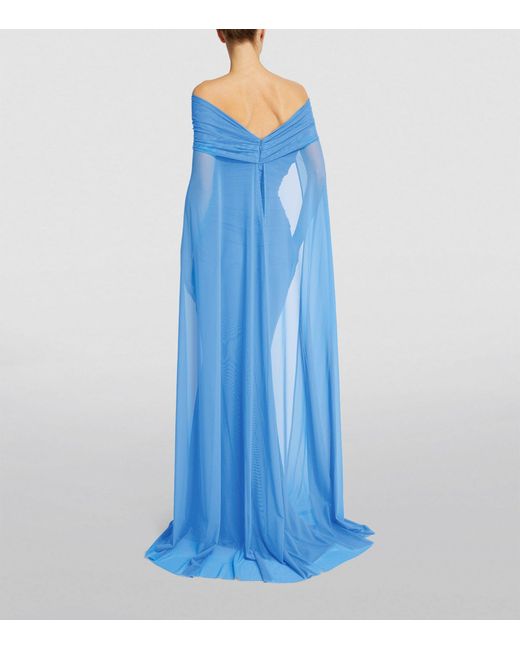 Talbot Runhof Blue Off-the-shoulder Cape Maxi Dress