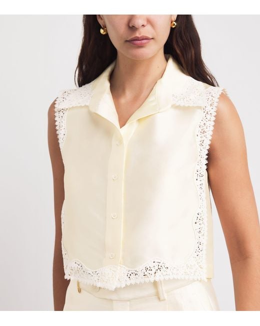 Sandro White Lace-Trim Cropped Shirt