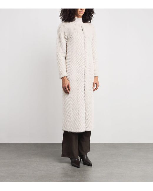 Yves Salomon White Mink-Wool Herringbone Long Coat