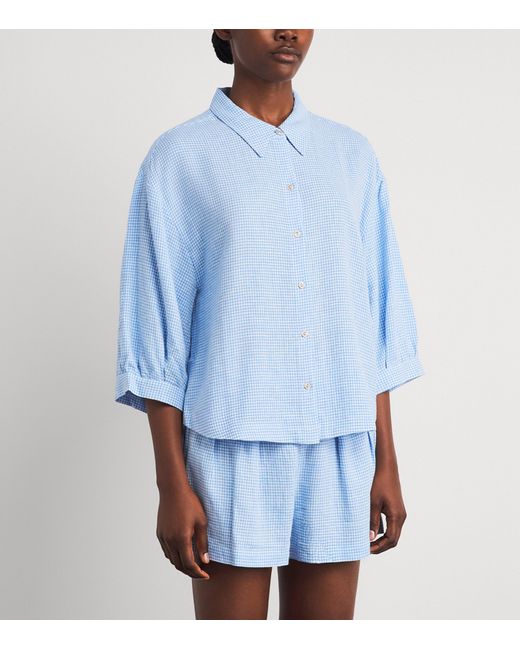Eberjey Blue Linen-Blend Gingham Pyjama Top