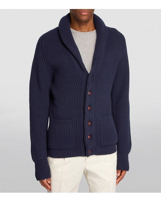 Harrods Blue Cashmere Shawl-Collar Cardigan for men