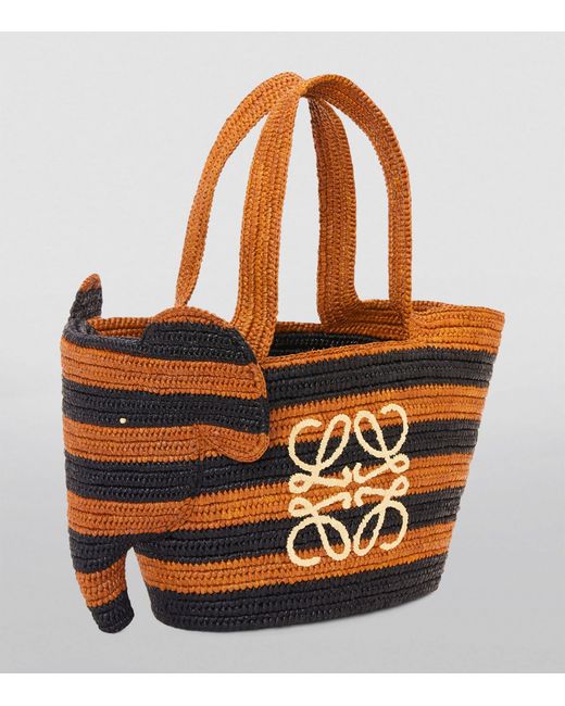 Loewe Brown X Paula's Ibiza Raffia Striped Elephant Basket Tote Bag