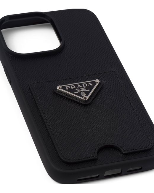 Prada Black Brand-plaque Card-holder Leather Iphone14 Max Phone Case