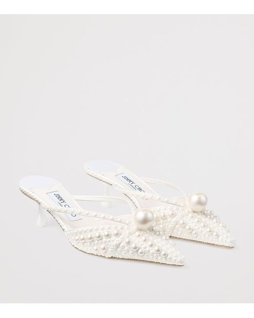 Jimmy Choo White Sana 50 Satin Embellished Mules