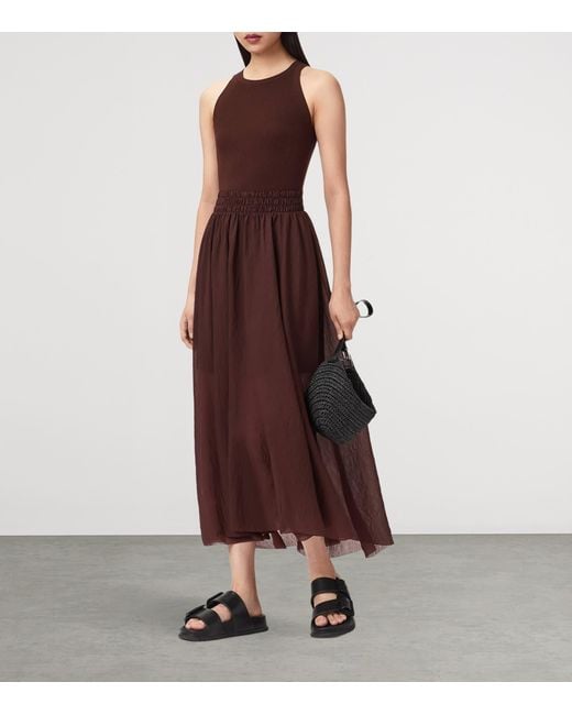 AllSaints Brown Ribbed Zenia Midi Dress