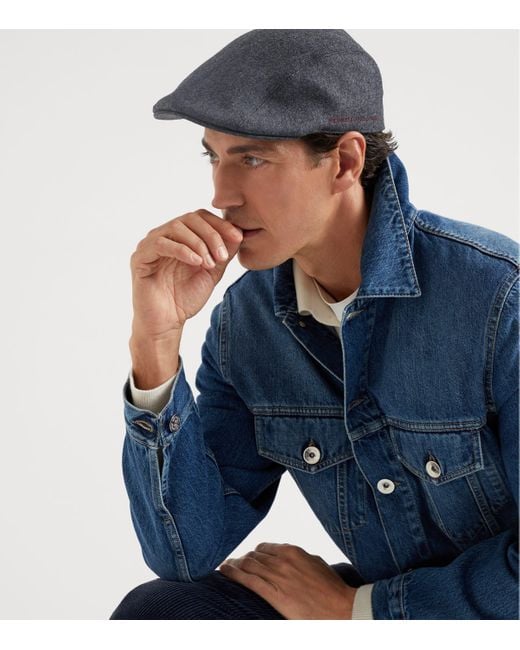 Brunello Cucinelli Gray Virgin Wool Embroidered Flat Cap for men