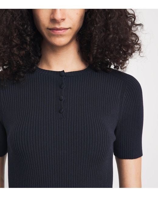 Lafayette 148 New York Blue Rib-Knit Henley Top