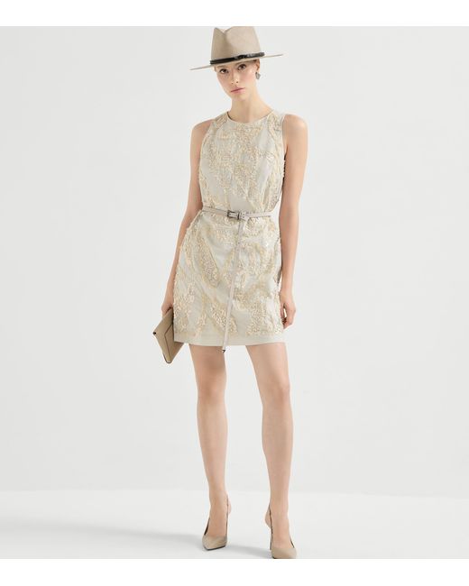 Brunello Cucinelli Natural Cotton-Blend Embroidered Mini Dress