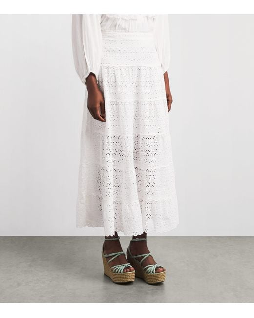 Rixo White Cotton Embroidered Ripeka Midi Skirt