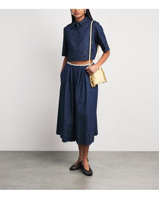 Maje Blue Denim Embellished Midi Skirt