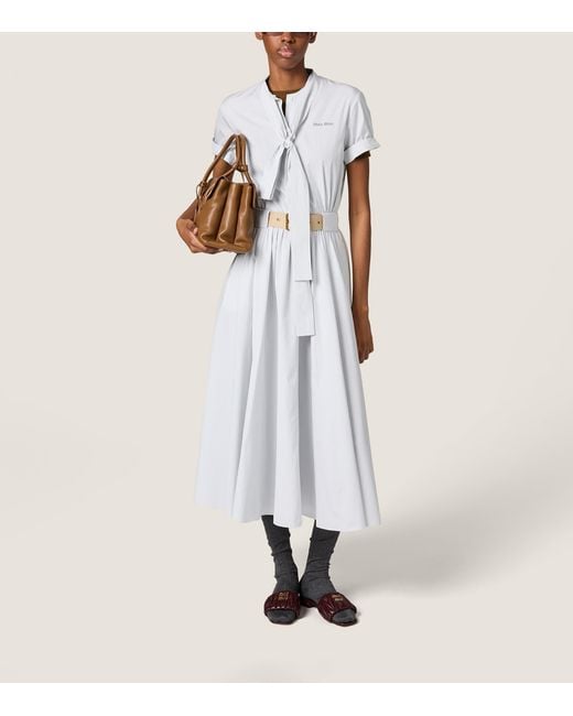 Miu Miu White Cotton Pinstripe Belted Midi Dress