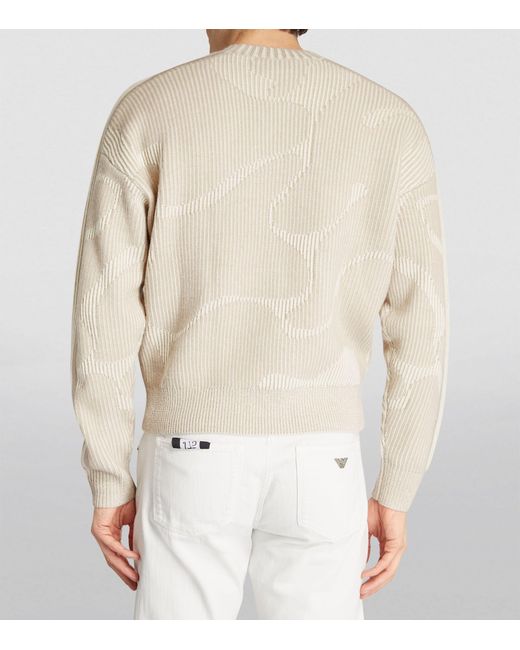 Emporio Armani White Jacquard Ribbed Sweater for men