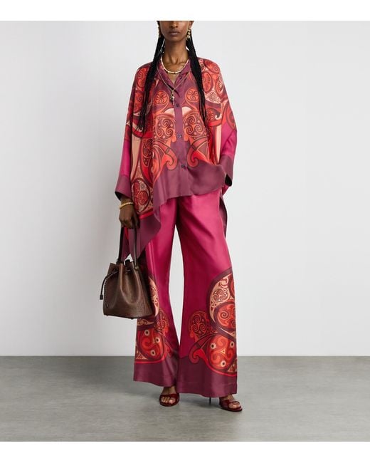LaDoubleJ Red Silk Palazzo Placée Wide-Leg Trousers