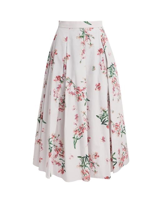 Erdem White Cotton Floral Pleated Midi Skirt