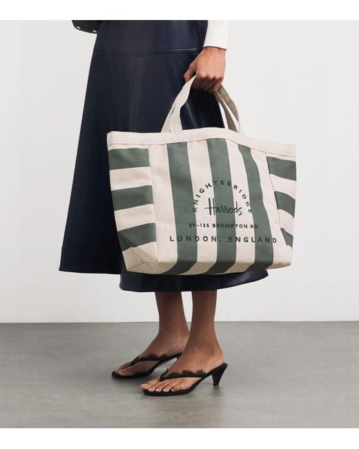 Harrods Metallic Large Jute Striped Logo Tote Bag