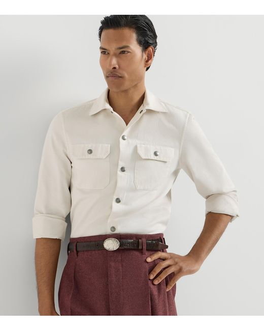 Brunello Cucinelli White Cotton Gabardine Pocket Shirt for men