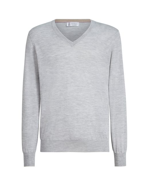 Brunello Cucinelli Gray Cashmere-Silk V-Neck Sweater for men