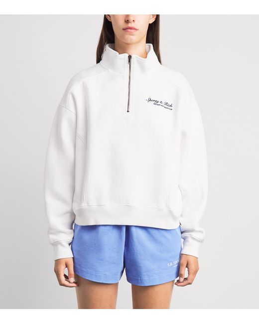 Sporty & Rich White Embroidered Syracuse Quarter-Zip Sweatshirt