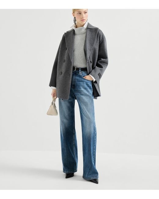 Brunello Cucinelli Gray Cashmere Double Beaver Cloth Pea Coat