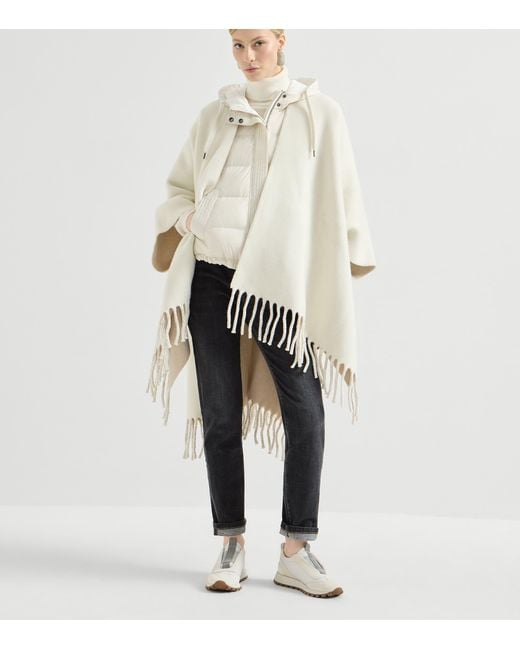 Brunello Cucinelli White Wool-Cashmere Reversible Poncho