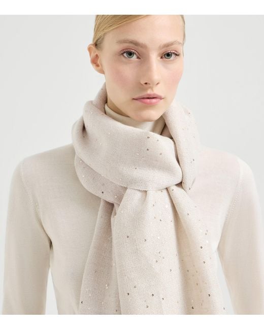 Brunello Cucinelli Natural Cashmere-Silk Embellished Scarf