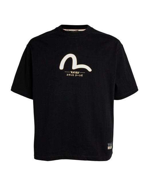 Evisu Black Cotton Seagull Print T-shirt for men
